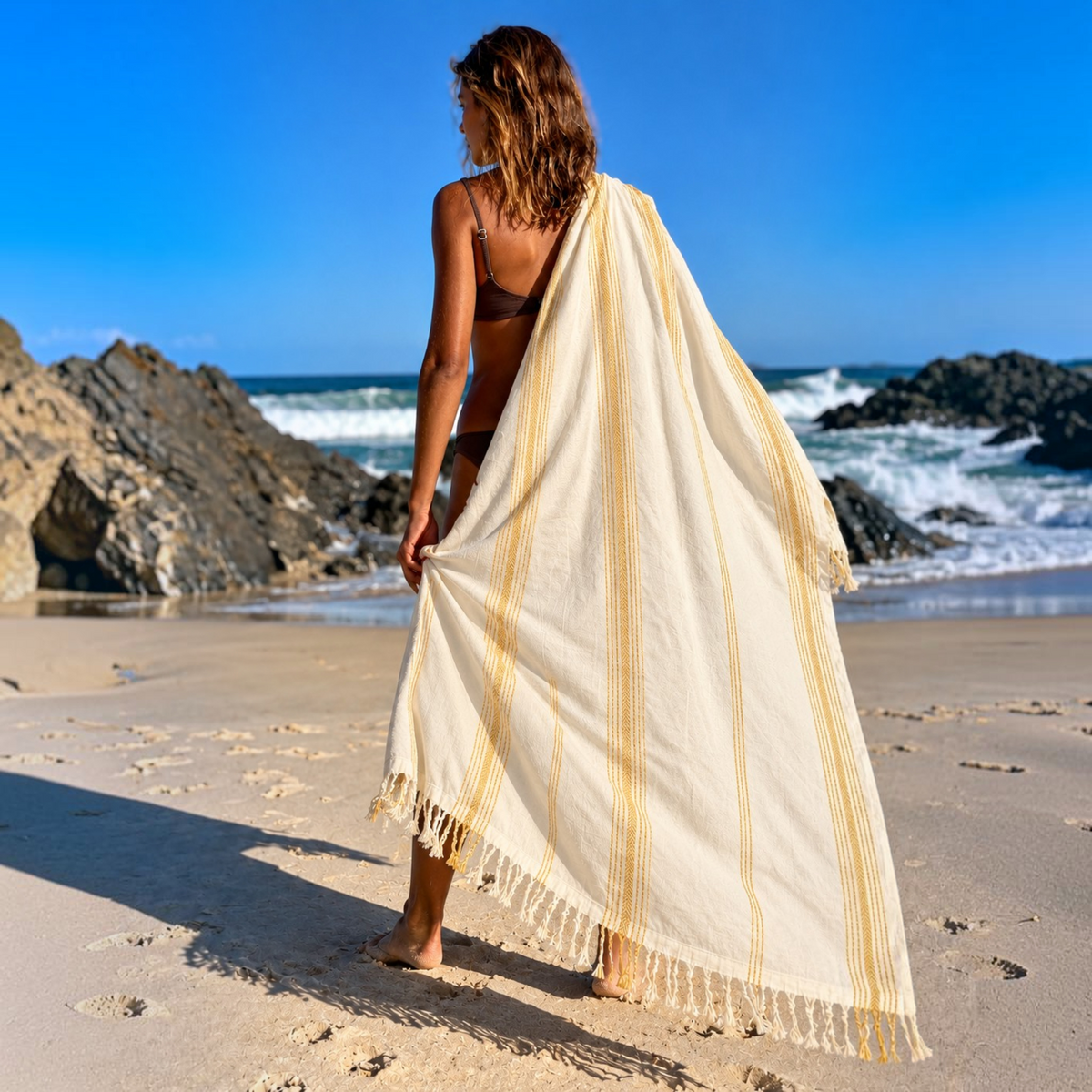 Handwoven Bamboo Turkish Towel – Striped Peshtemal | 90 × 180 cm