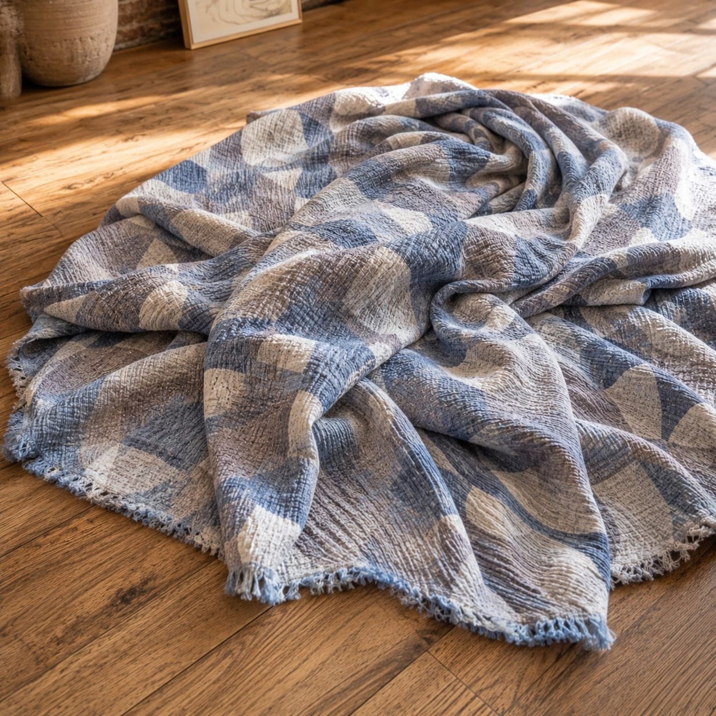 Blue Geometric 4-Layer Muslin Bed Cover | 100% Cotton | 240x260 cm