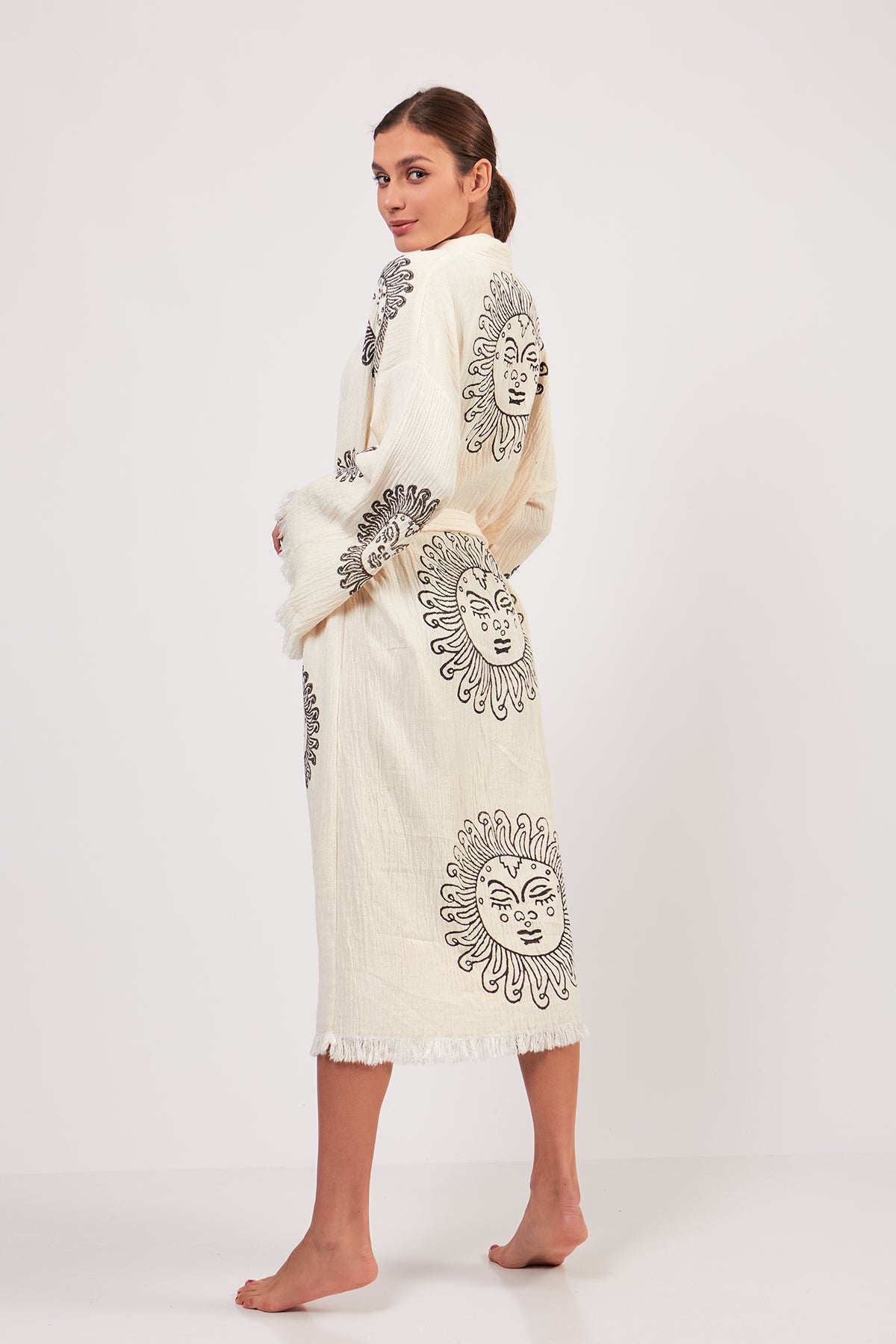 Turkish Towel Kimono Bathrobe Sun Design Black on Ecru