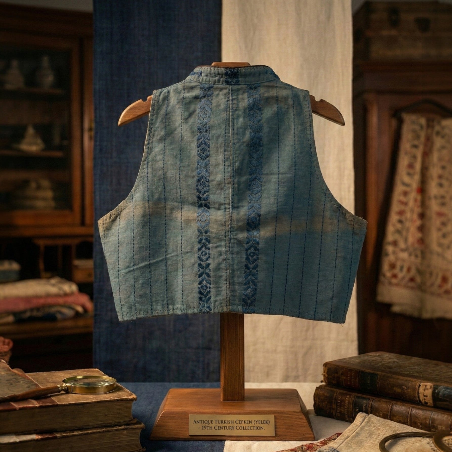 Anatolian Heritage: Antique Ceremonial Vest (Cepken) from Denizli – Circa 1935-1945 on a mannequin stand with vintage books and fabrics in the background