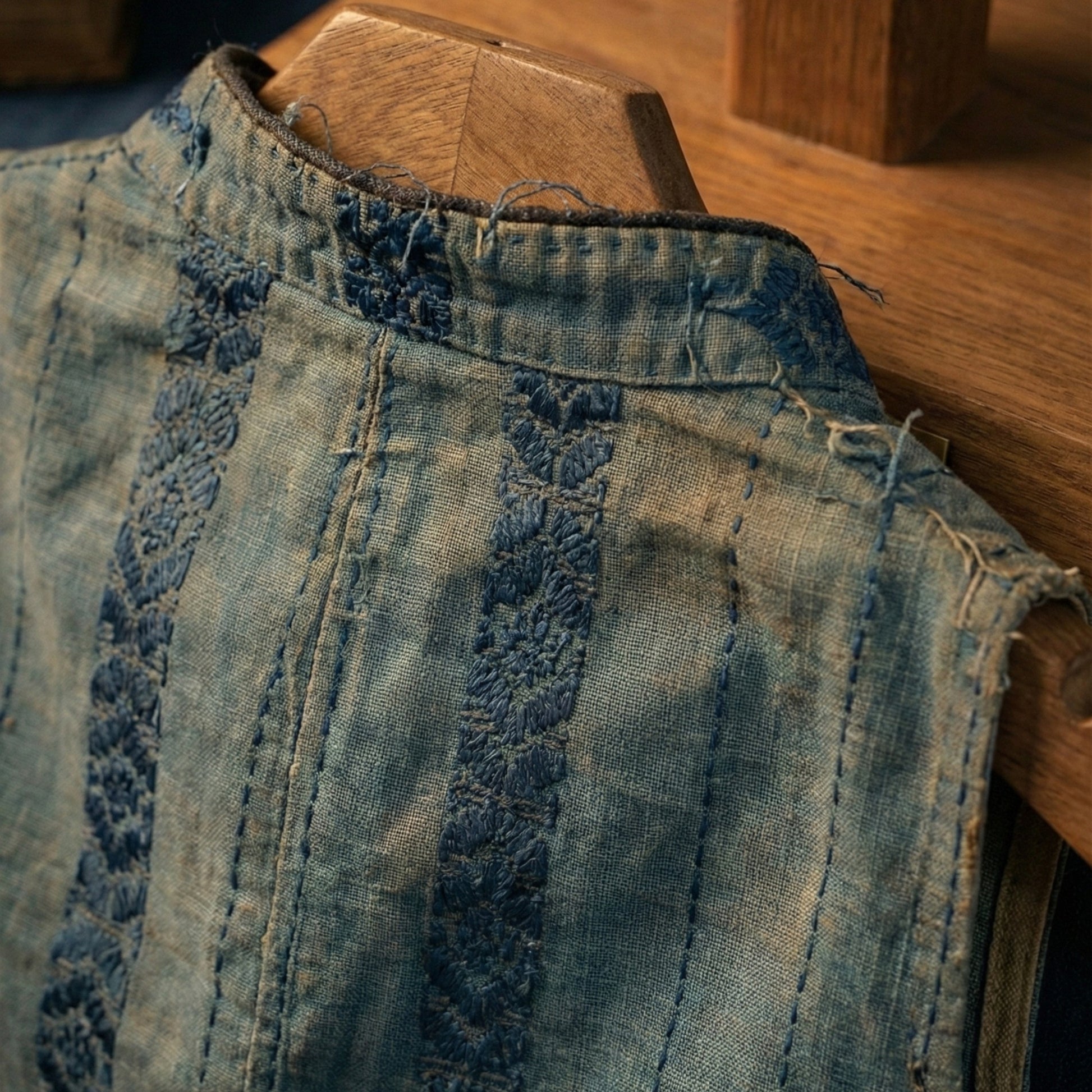 Anatolian Heritage: Antique Ceremonial Vest (Cepken) from Denizli – Circa 1935-1945 with floral embroidery on a wooden surface