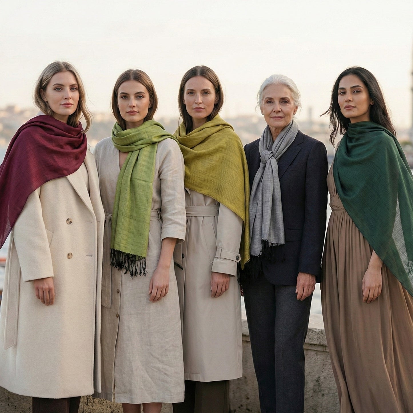 Five women wearing Antakya Handwoven Silk scarves of different colors standing together outdoors.