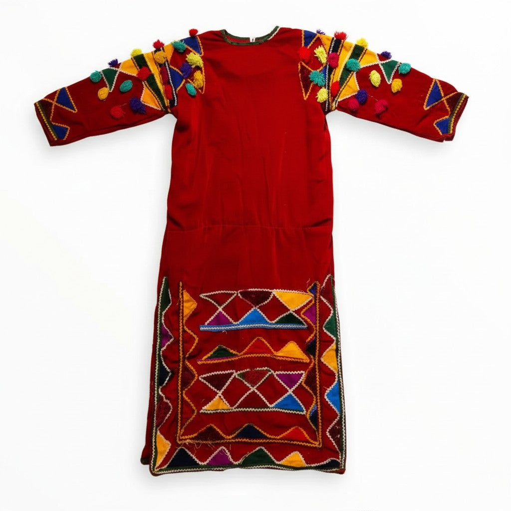 Red Antique Alevi Turkmen Dress – Handwoven Anatolian Heritage from Sivas with colorful geometric patterns on a white background
