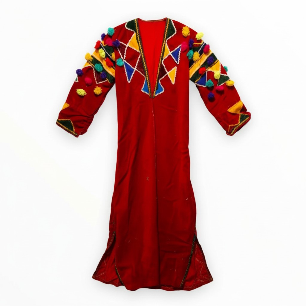 Red Antique Alevi Turkmen Dress – Handwoven Anatolian Heritage from Sivas and pom-poms on a white background