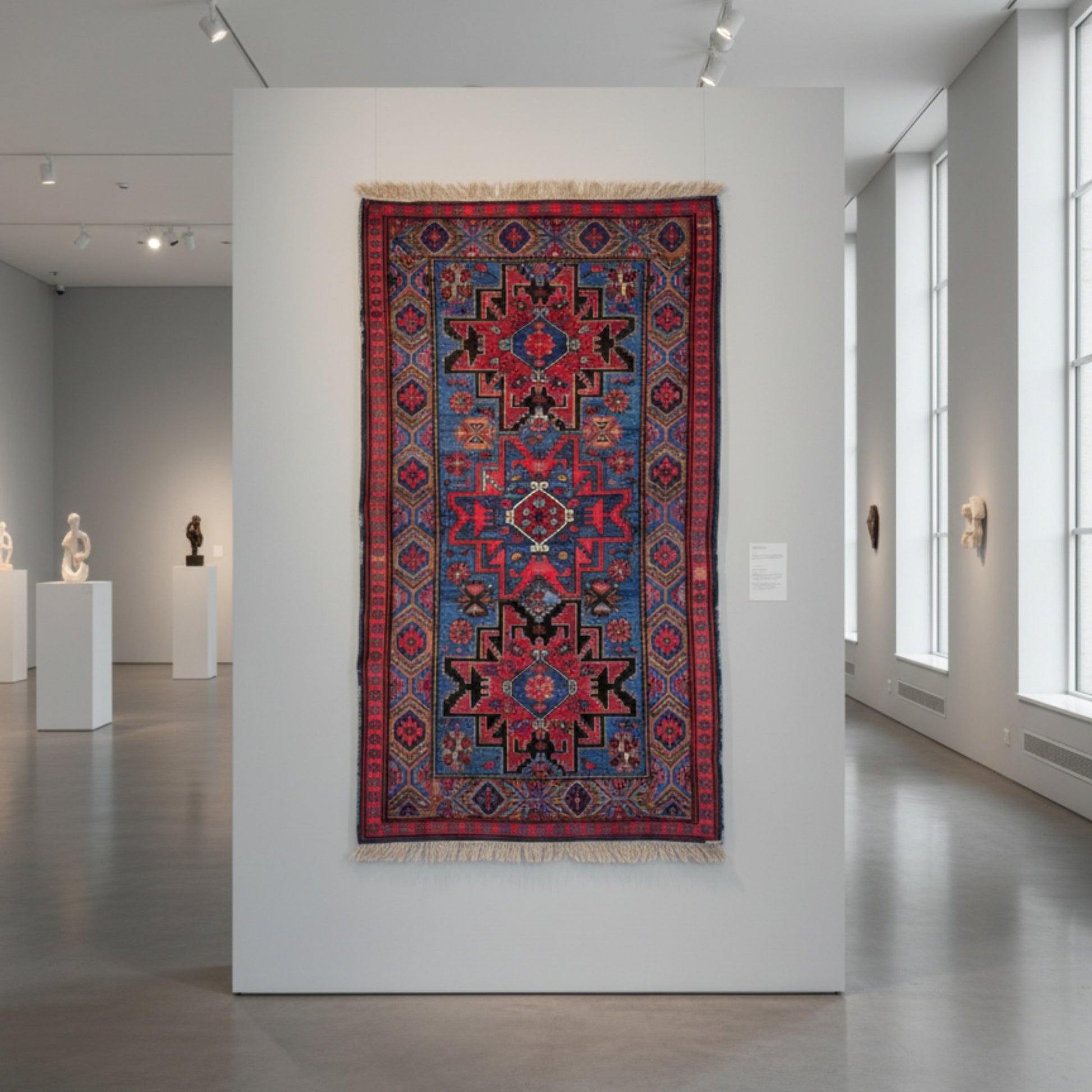 Decorative Antique Caucasian Sumak Kilim – Over 100 Years Old | Handwoven with Natural Root Dye on a white wall in a gallery setting