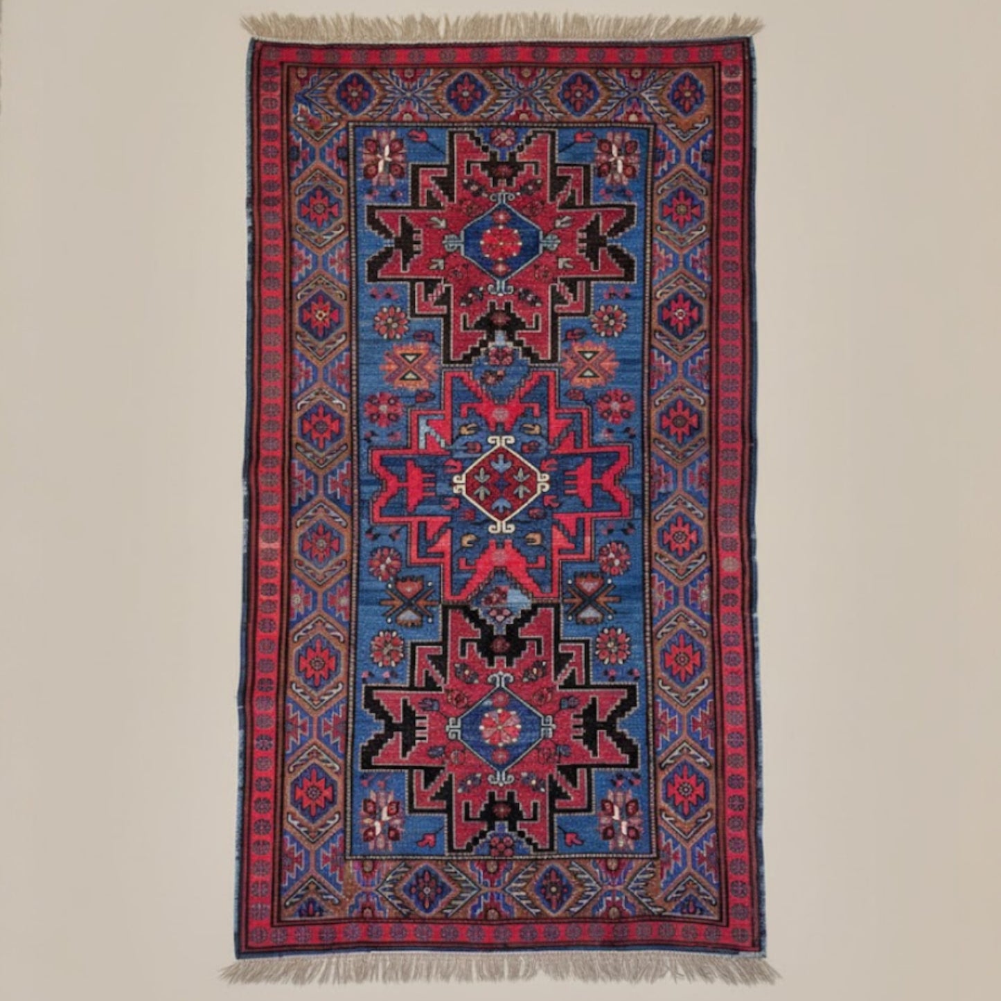 Decorative Antique Caucasian Sumak Kilim – Over 100 Years Old | Handwoven with Natural Root Dye with intricate patterns on a plain background