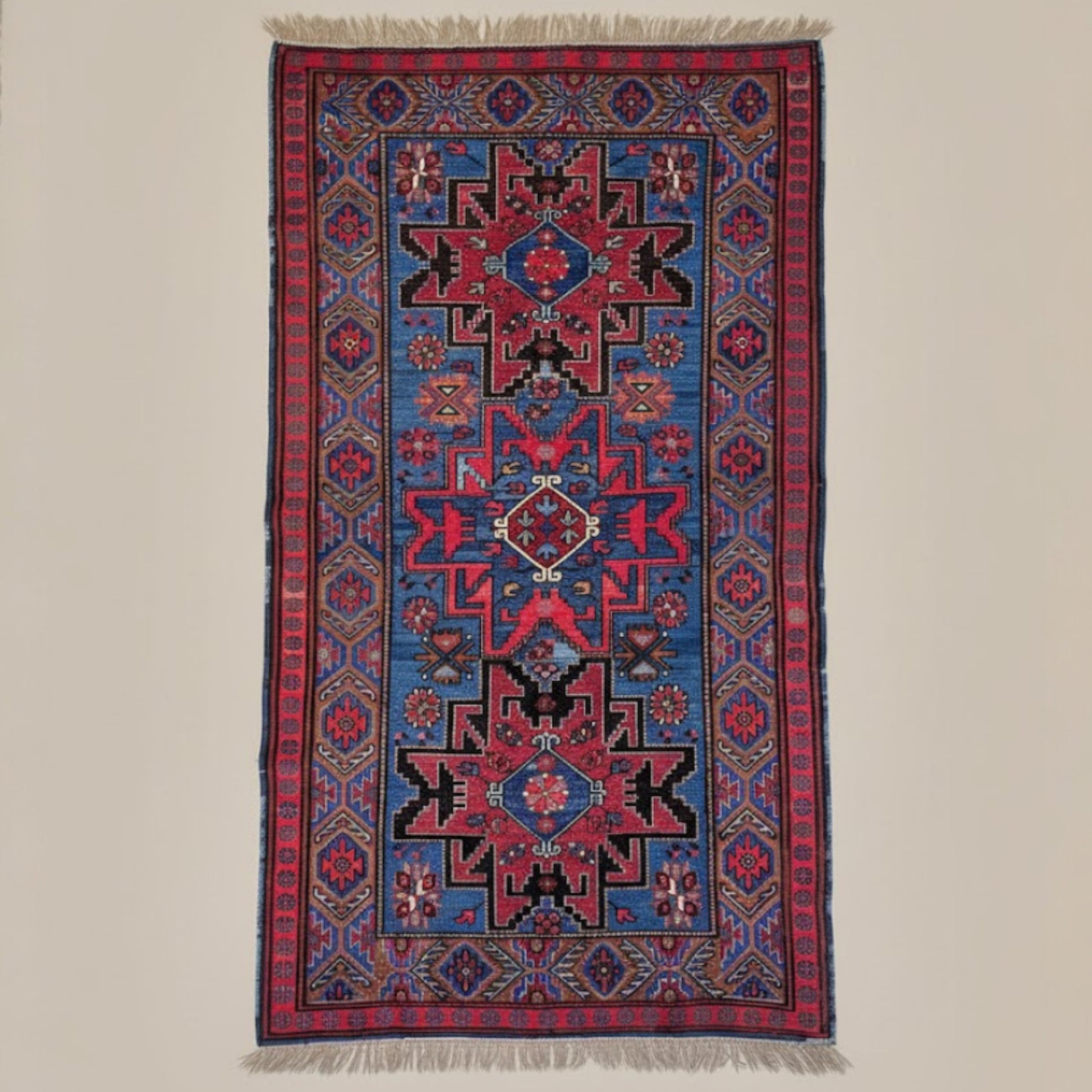 Decorative Antique Caucasian Sumak Kilim – Over 100 Years Old | Handwoven with Natural Root Dye with intricate patterns on a plain background