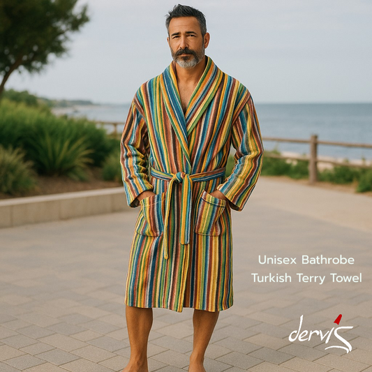 Man wearing a colorful striped bathrobe by the beach with 'dervis' branding.
