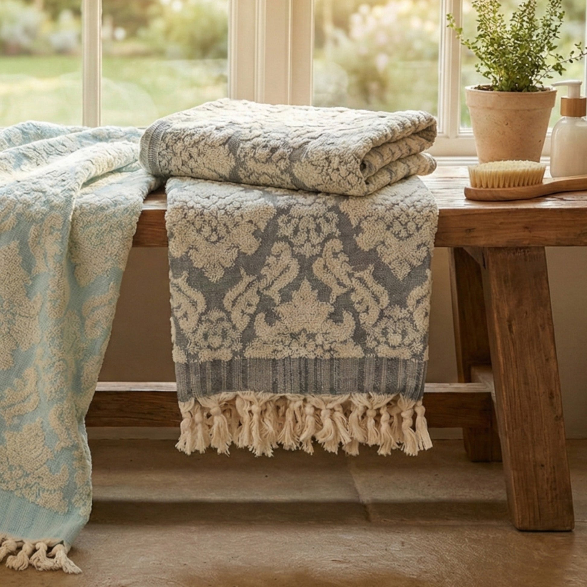 Folded Damascus Design Natural Cotton Turkish Terry Bath Towels on a wooden surface with a blurred natural background