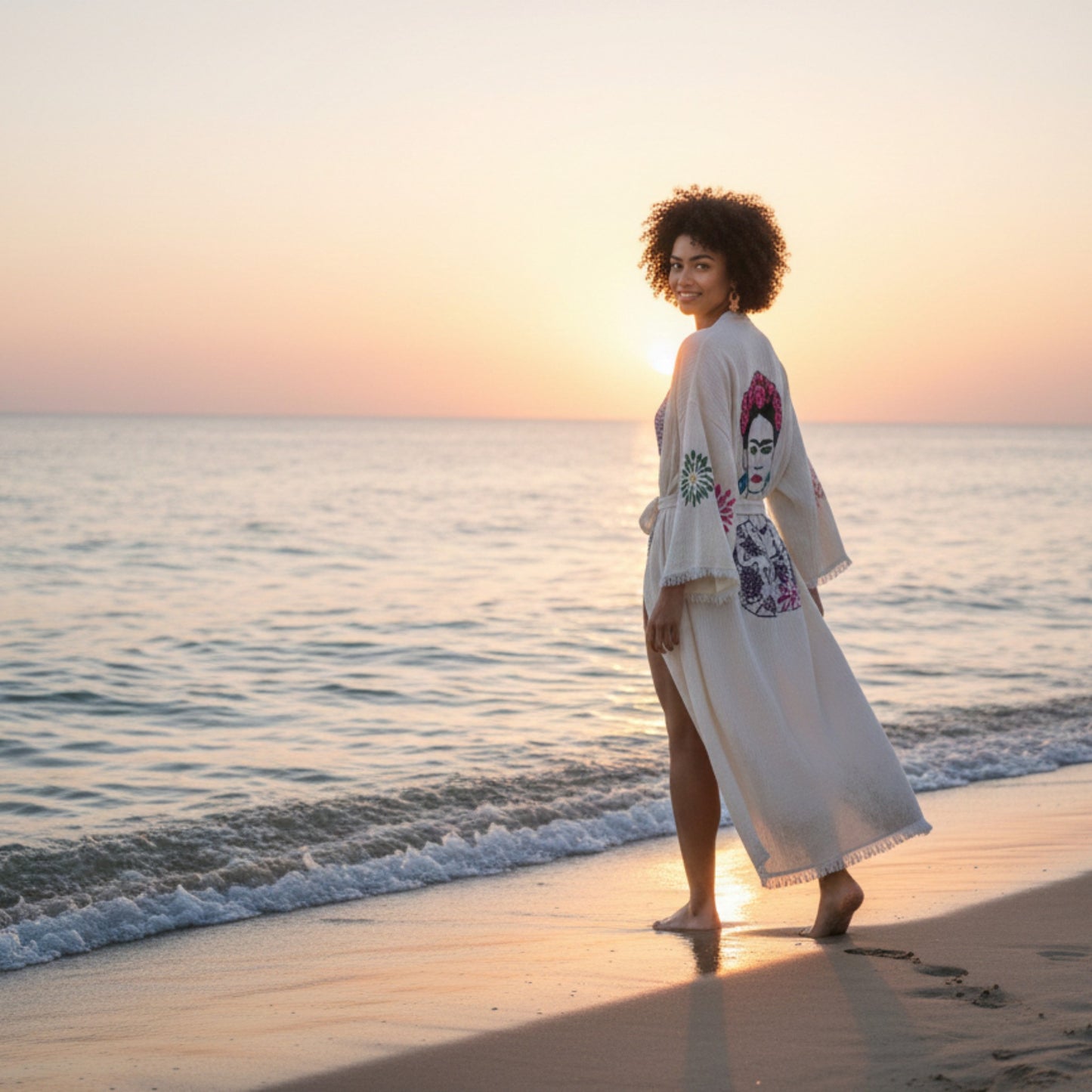 Frida Bloom Hand-Printed Muslin Kimono Robe