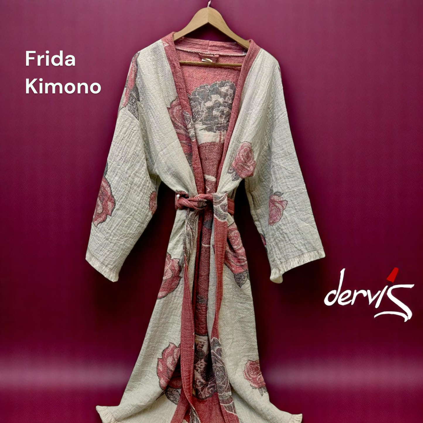 Frida Design Turkish Towel Kimono Robe by Derviş Textiles – handwoven natural cotton, artisan block print, sustainable unisex kimono robe