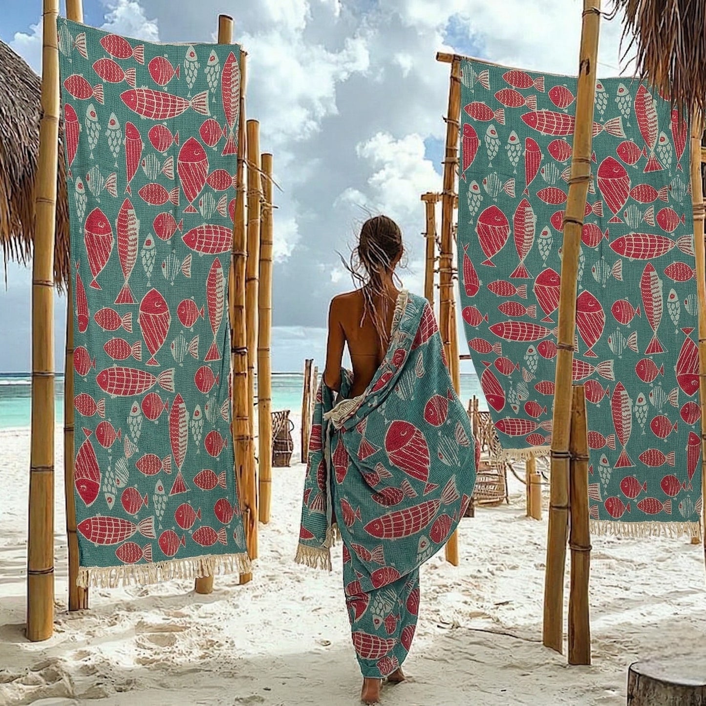 Person wrapped in a colorful Fish Pattern 3-Layer Turkish Towel – Jacquard Woven Muslin Beach Towel on a beach