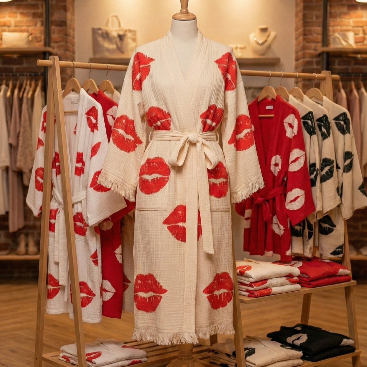 Hand-Made Block Print Lipstick Design Turkish Towel Kimono Robe Kaftan