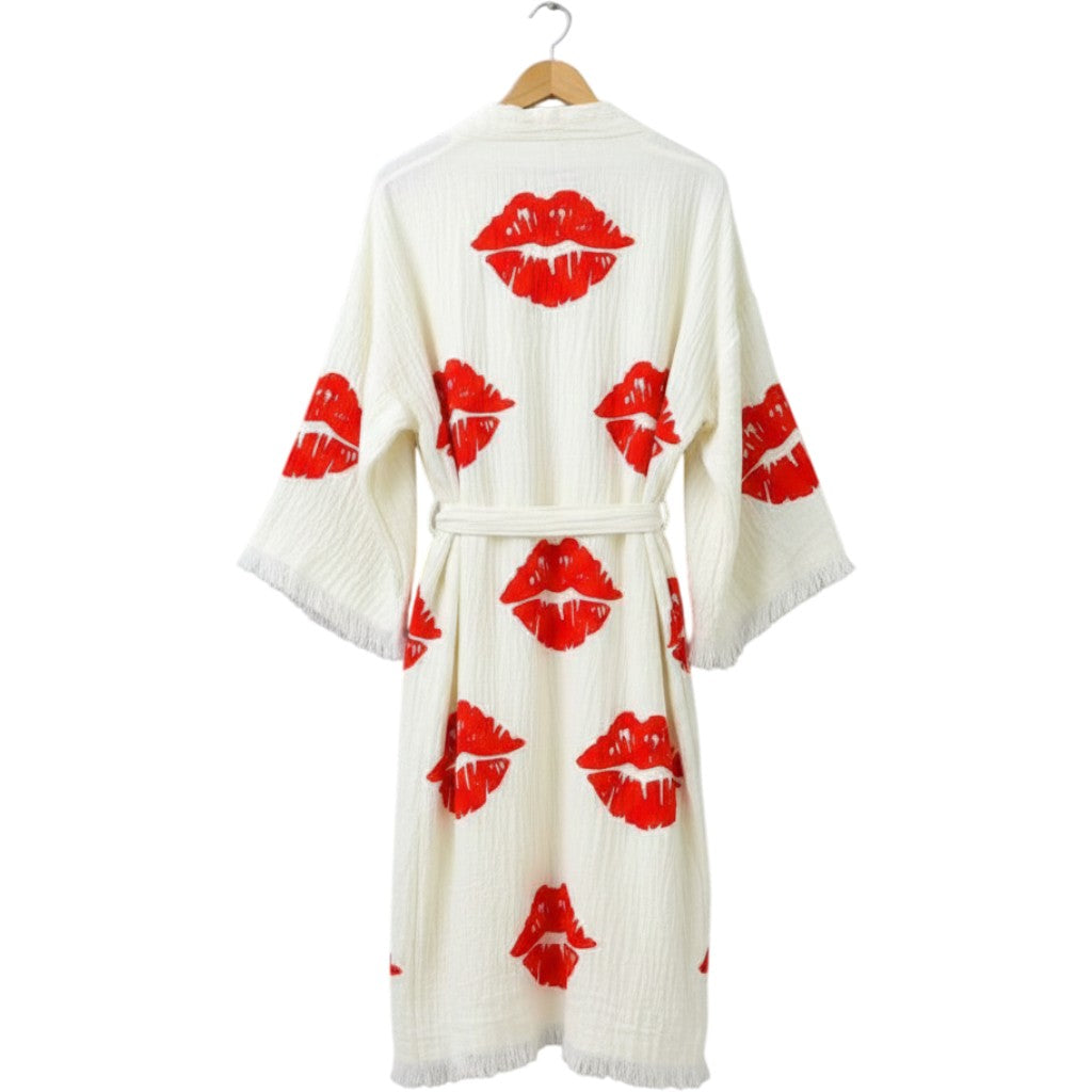 Hand-Made Block Print Lipstick Design Turkish Towel Kimono Robe Kaftan