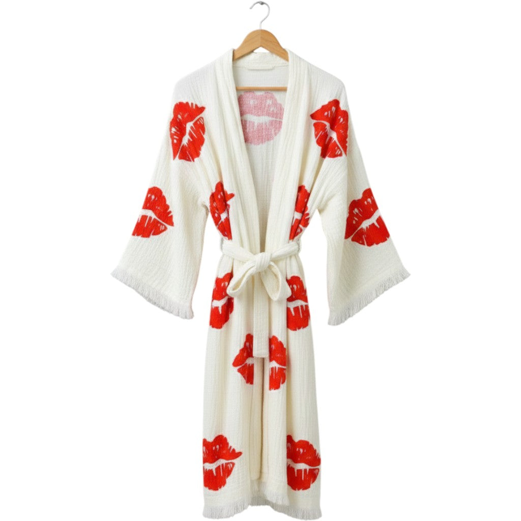 Hand-Made Block Print Lipstick Design Turkish Towel Kimono Robe Kaftan