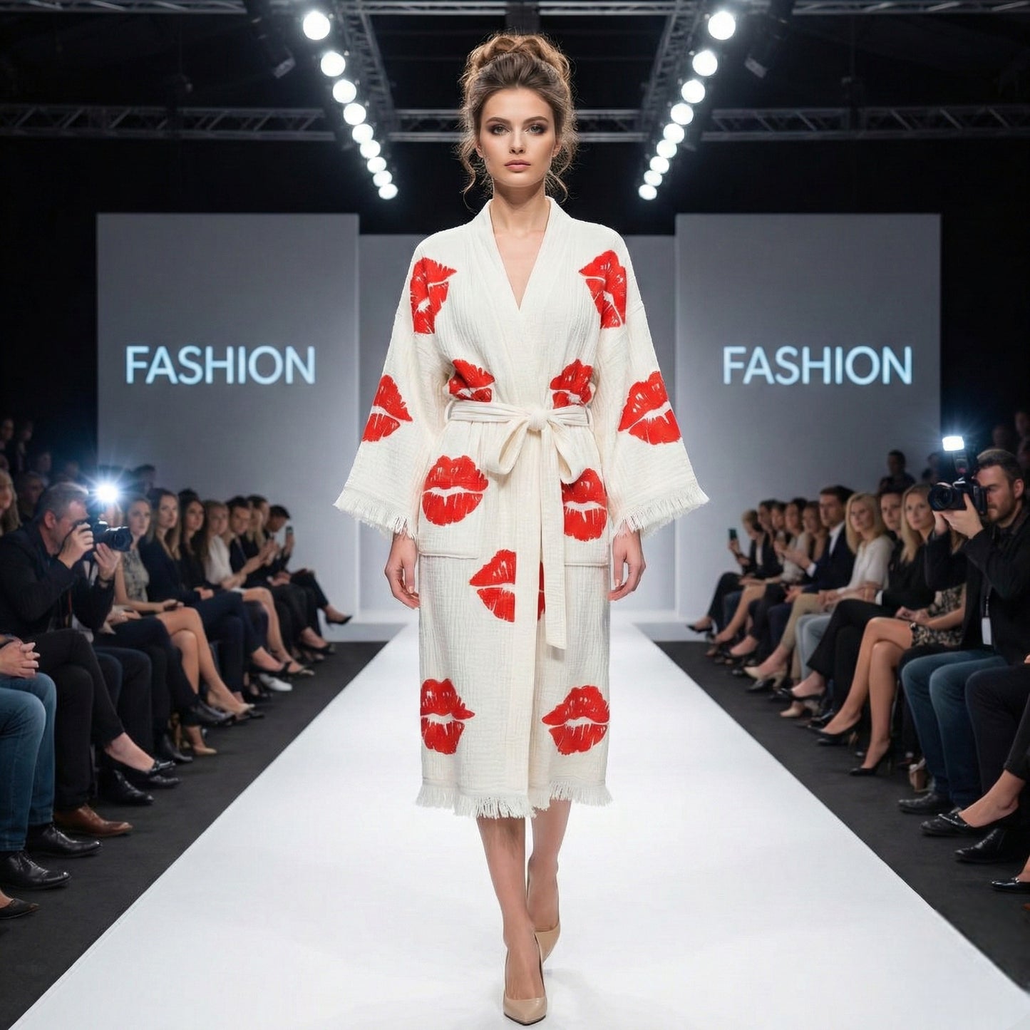Hand-Made Block Print Lipstick Design Turkish Towel Kimono Robe Kaftan