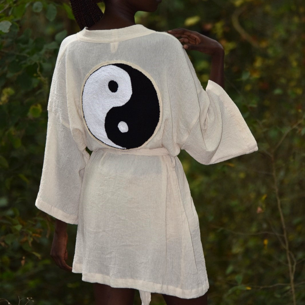 Hand-Woven Handmade Yin Yang Symbol Needle Punch Kimono Kaftan