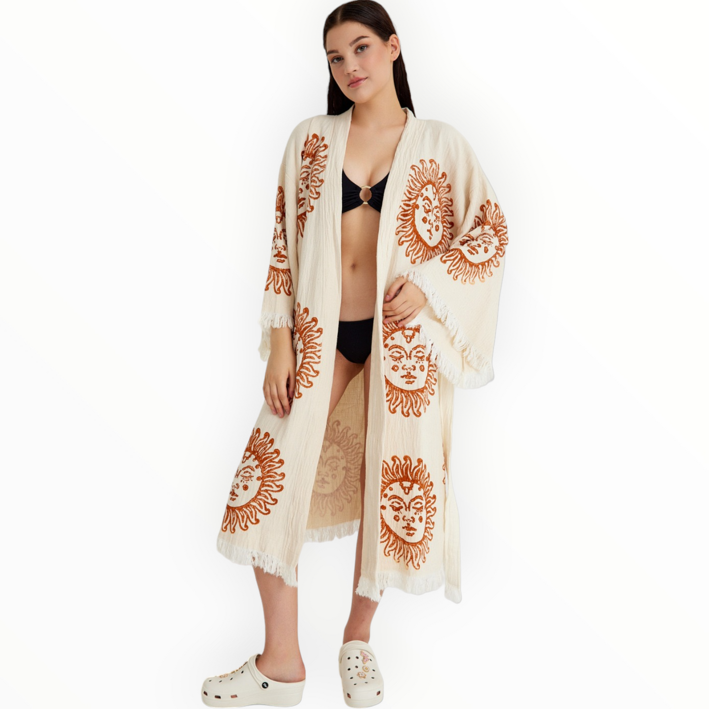 Hand-Woven Natural Cotton Brown Sun Pattern Turkish Towel Kimono