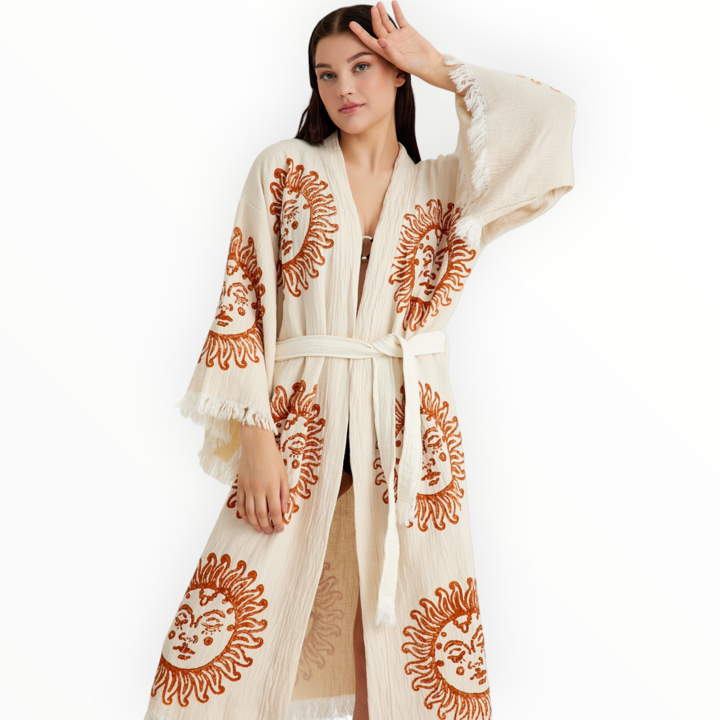Hand-Woven Natural Cotton Brown Sun Pattern Turkish Towel Kimono