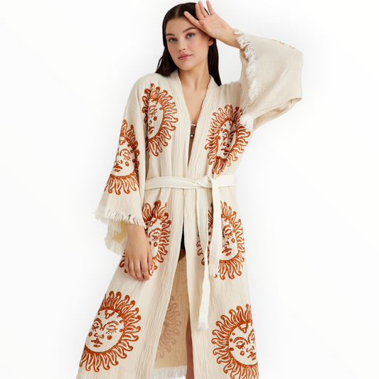 Hand-Woven Natural Cotton Brown Sun Pattern Turkish Towel Kimono