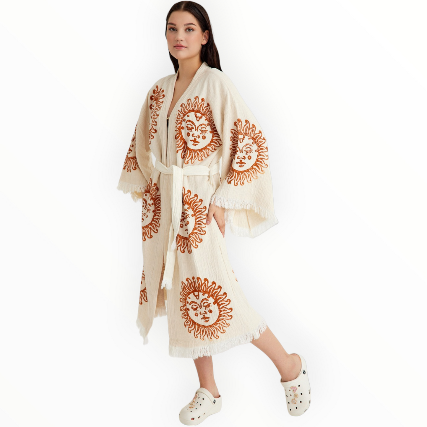 Hand-Woven Natural Cotton Brown Sun Pattern Turkish Towel Kimono