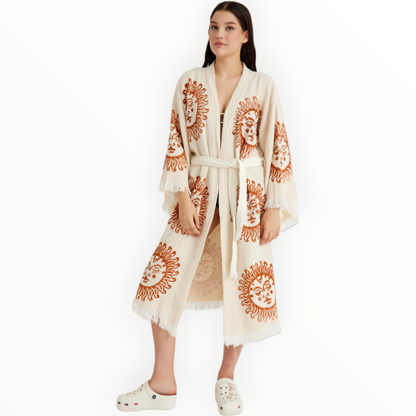 Hand-Woven Natural Cotton Brown Sun Pattern Turkish Towel Kimono