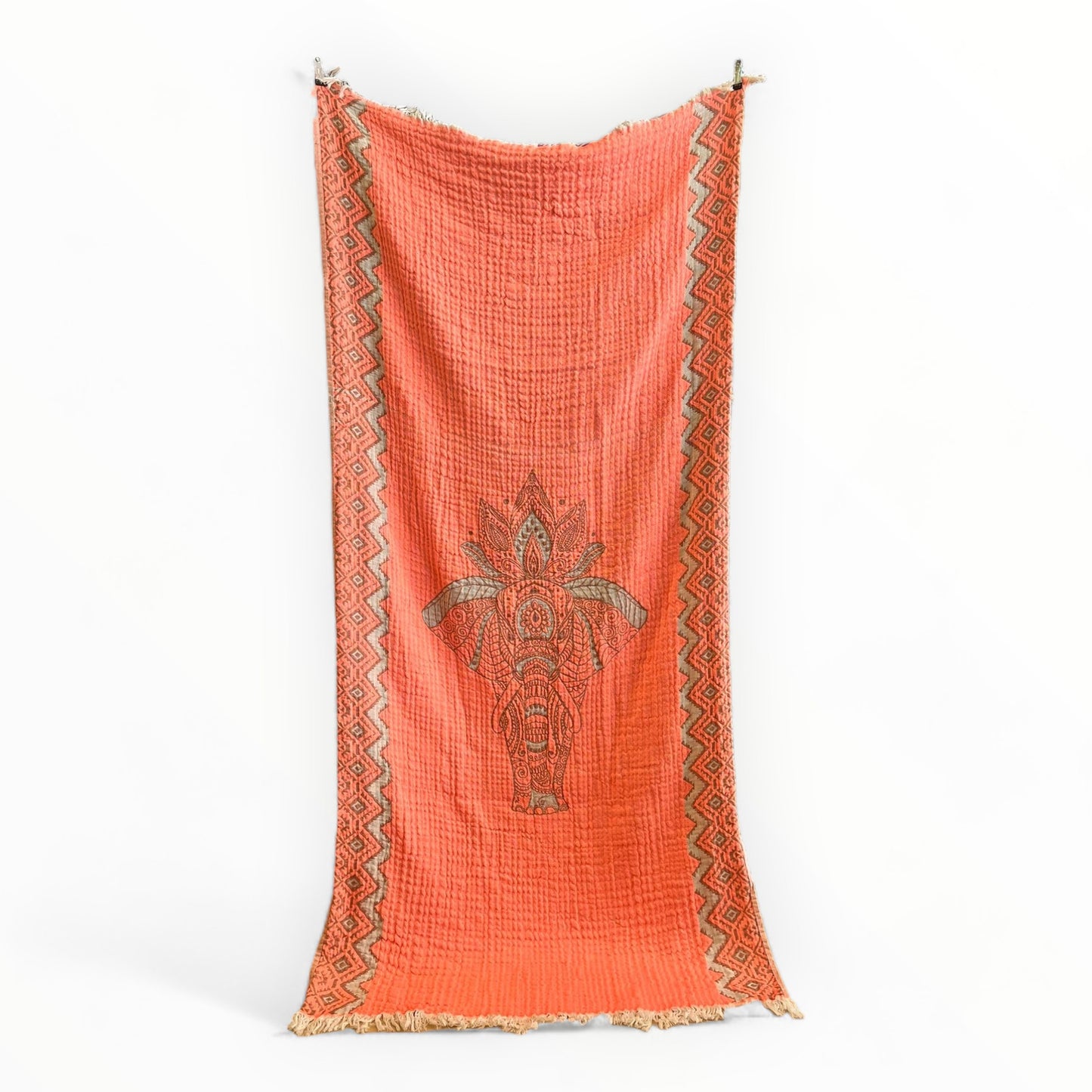 Hand-Woven Three Layers Natural Cotton Turkish Towel Pestemal with Elephant Design