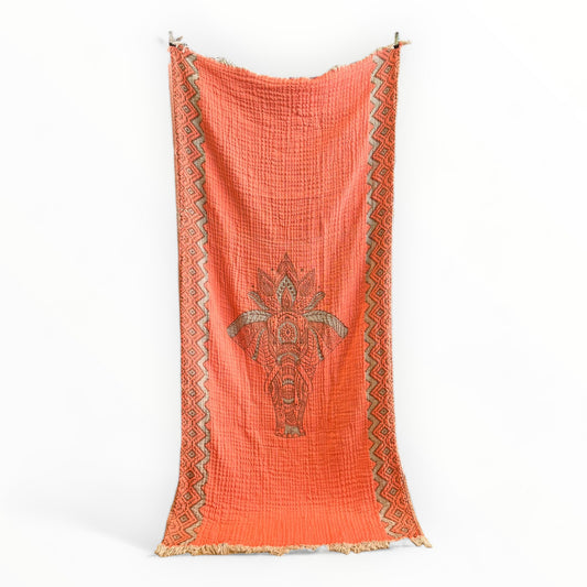 Hand-Woven Three Layers Natural Cotton Turkish Towel Pestemal with Elephant Design