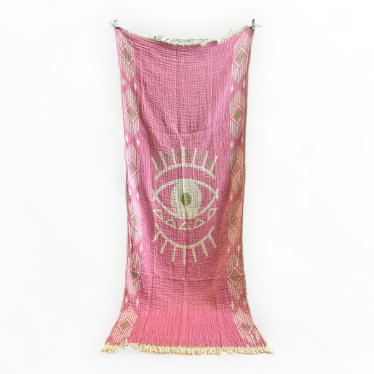 Hand-Woven Three Layers Natural Cotton Turkish Towel Pestemal with Nazar Eye Design