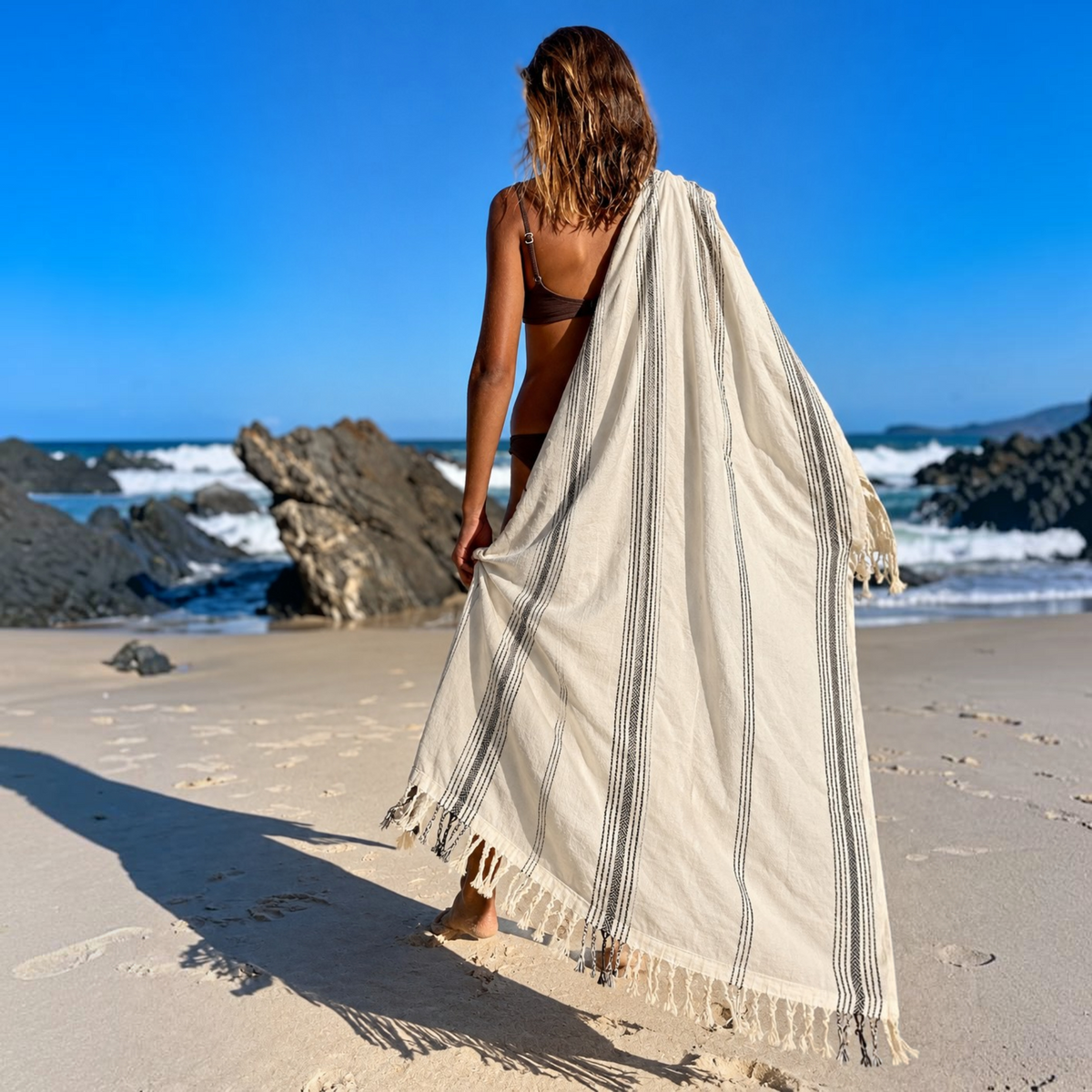 Handwoven Bamboo Turkish Towel – Striped Peshtemal | 90 × 180 cm