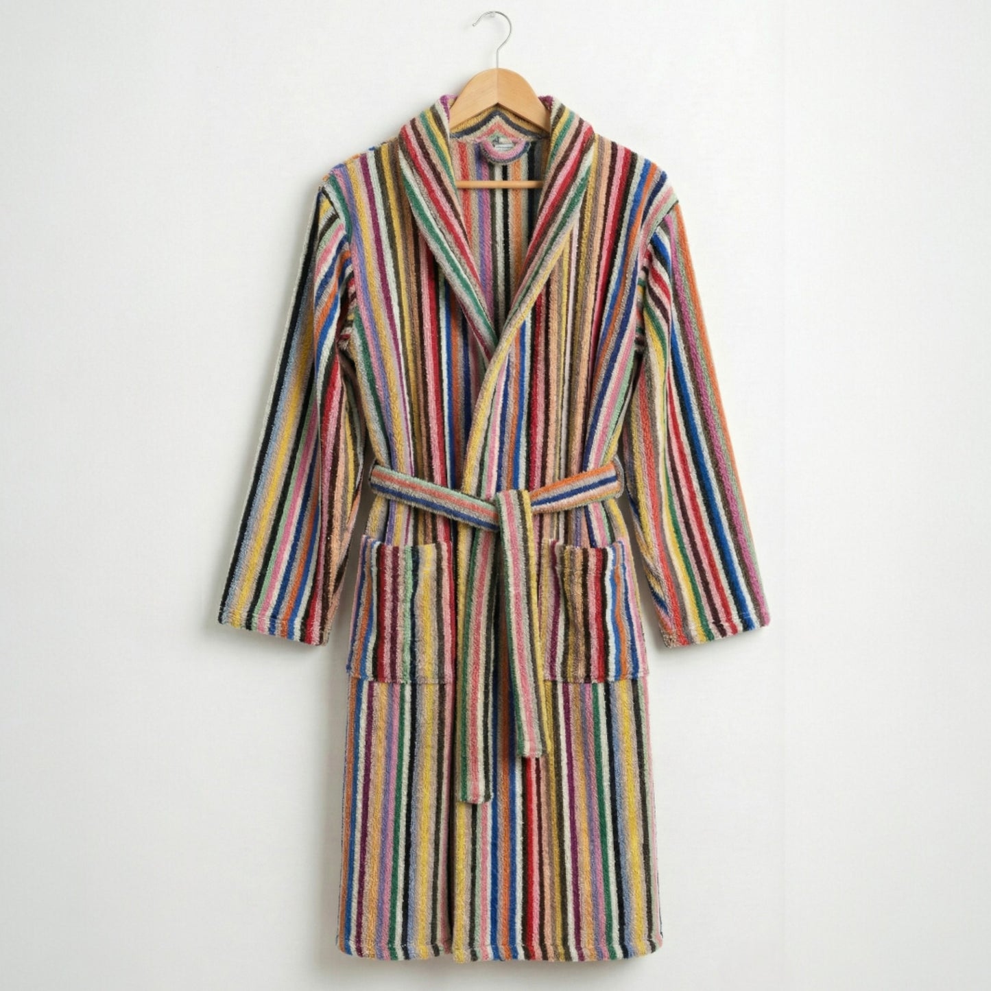 Handwoven Turkish Terry Bathrobe — Multi Color Stripe Design Shawl Collar