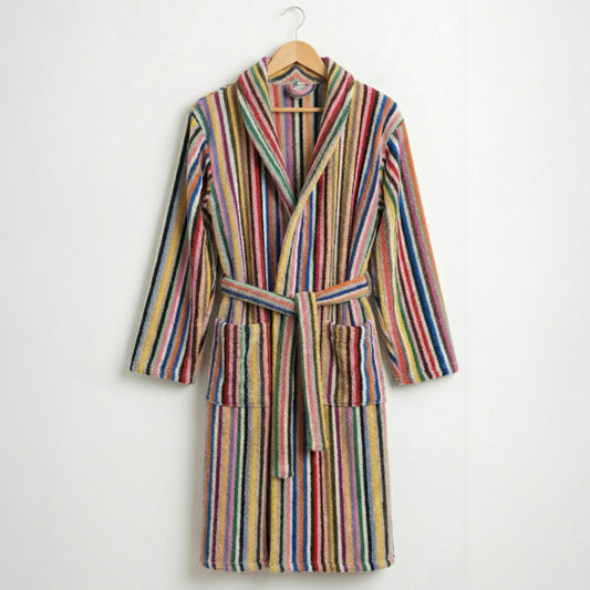 Handwoven Turkish Terry Bathrobe — Multi Color Stripe Design Shawl Collar