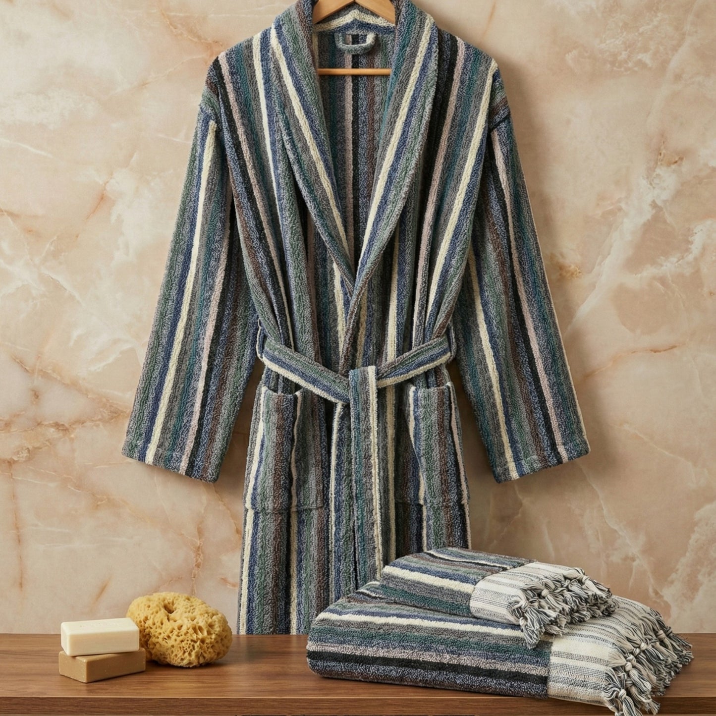 Handwoven Natural Turkish Cotton Terry Bath Towel Stripe Design