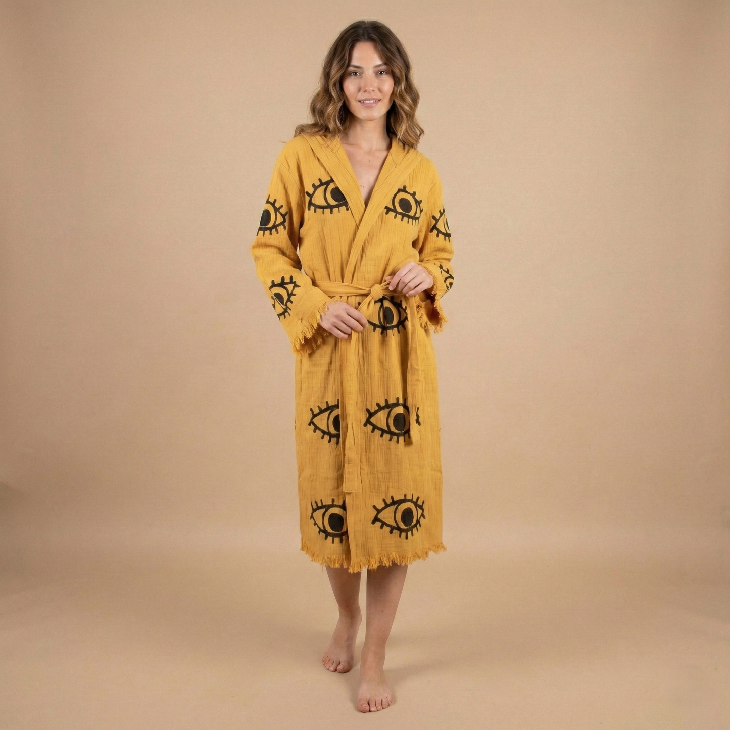 Handwoven Organic Cotton Muslin Evil Eye Block Print Hooded Robe – Unisex