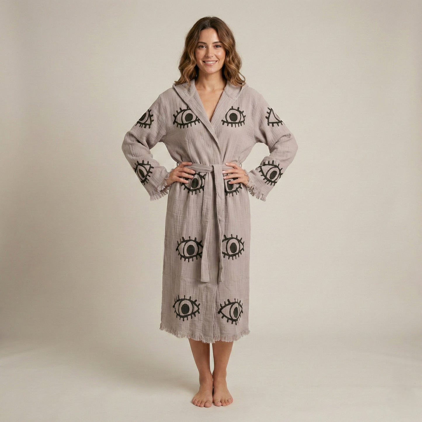 Handwoven Organic Cotton Muslin Evil Eye Block Print Hooded Robe – Unisex