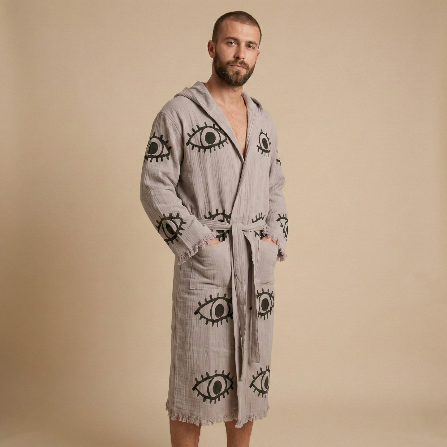 Handwoven Organic Cotton Muslin Evil Eye Block Print Hooded Robe – Unisex