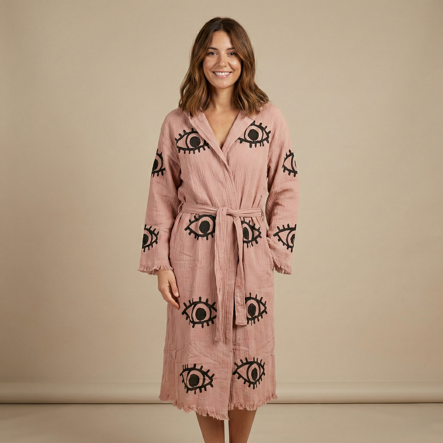 Handwoven Organic Cotton Muslin Evil Eye Block Print Hooded Robe – Unisex