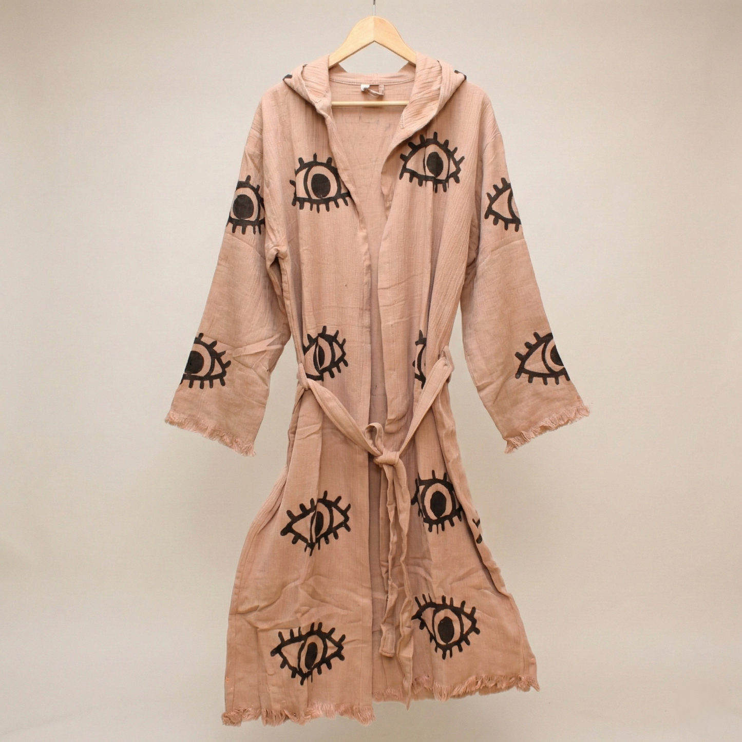 Handwoven Organic Cotton Muslin Evil Eye Block Print Hooded Robe – Unisex