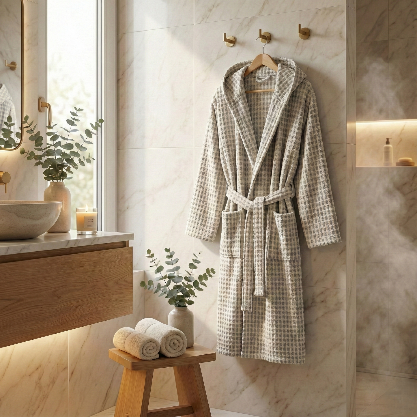 Handwoven Turkish Terry Bathrobe Grey Dotted Hooded