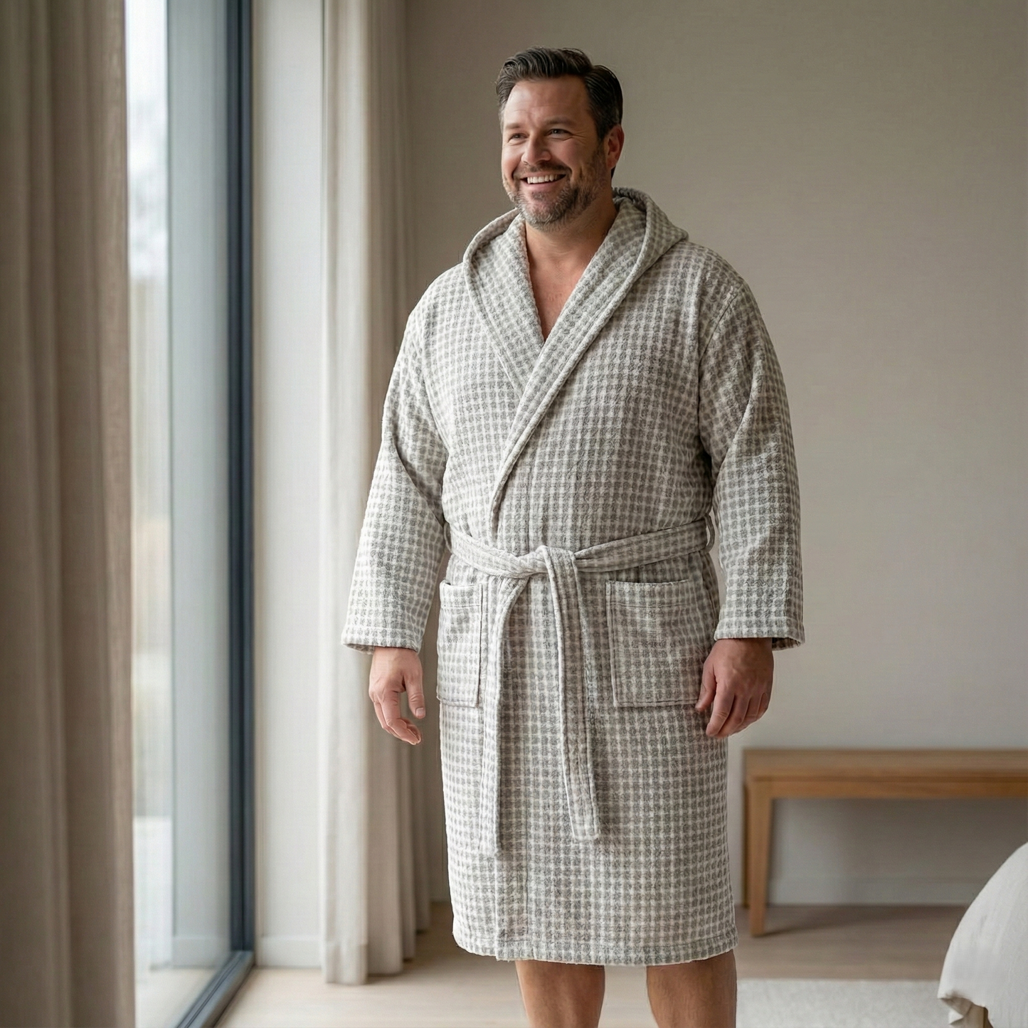 Handwoven Turkish Terry Bathrobe Grey Dotted Hooded