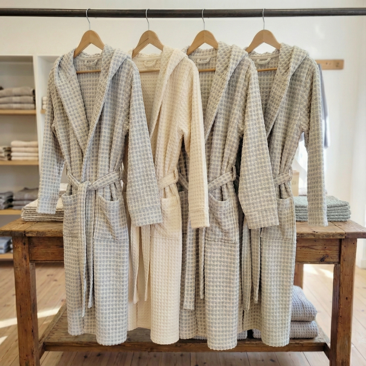 Handwoven Turkish Terry Bathrobe Grey Dotted Hooded