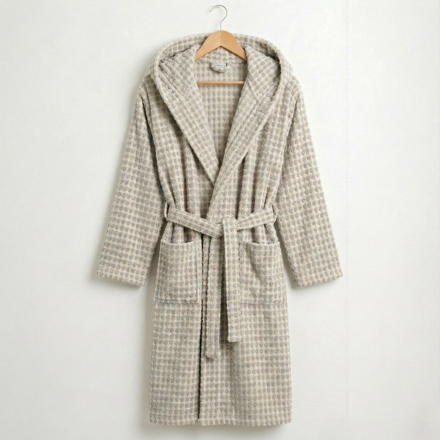 Handwoven Turkish Terry Bathrobe Grey Dotted Hooded