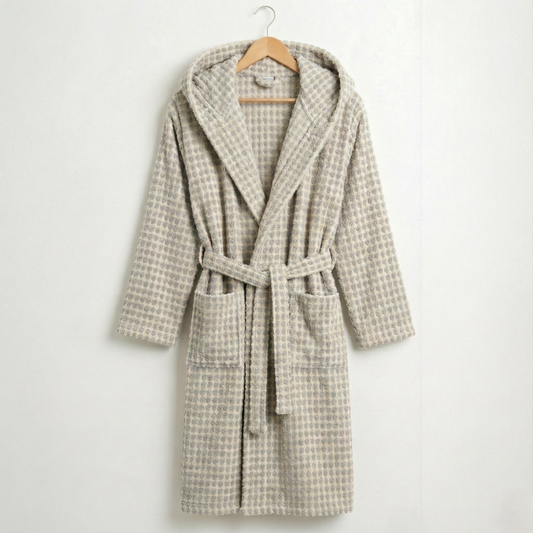 Handwoven Turkish Terry Bathrobe Grey Dotted Hooded
