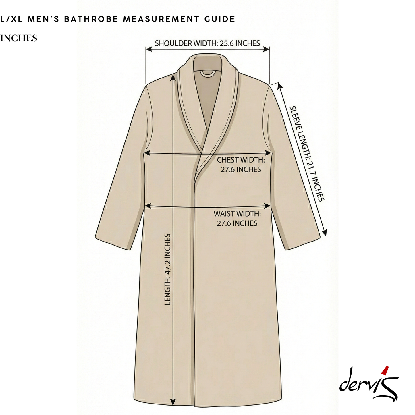 Measurement guide for a men's bathrobe with dimensions labeled on a beige background.
