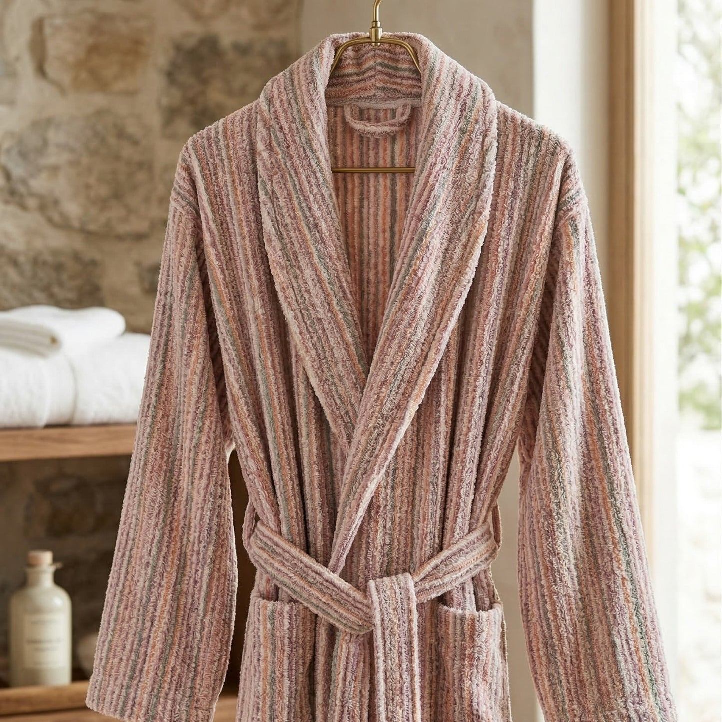 Handwoven Turkish Terry Towel Unisex  Bathrobe – Stripe Pattern (L/XL)