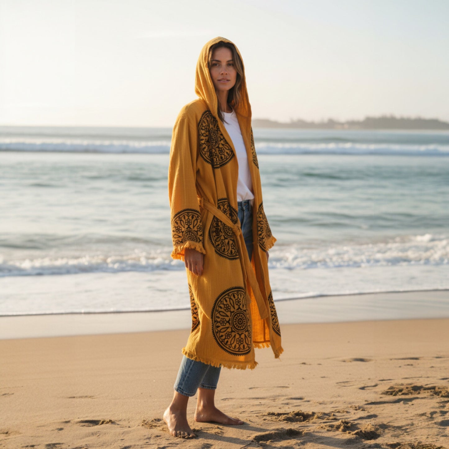 Handwoven Organic Cotton Muslin Mandala Block Print Hooded Robe – Unisex