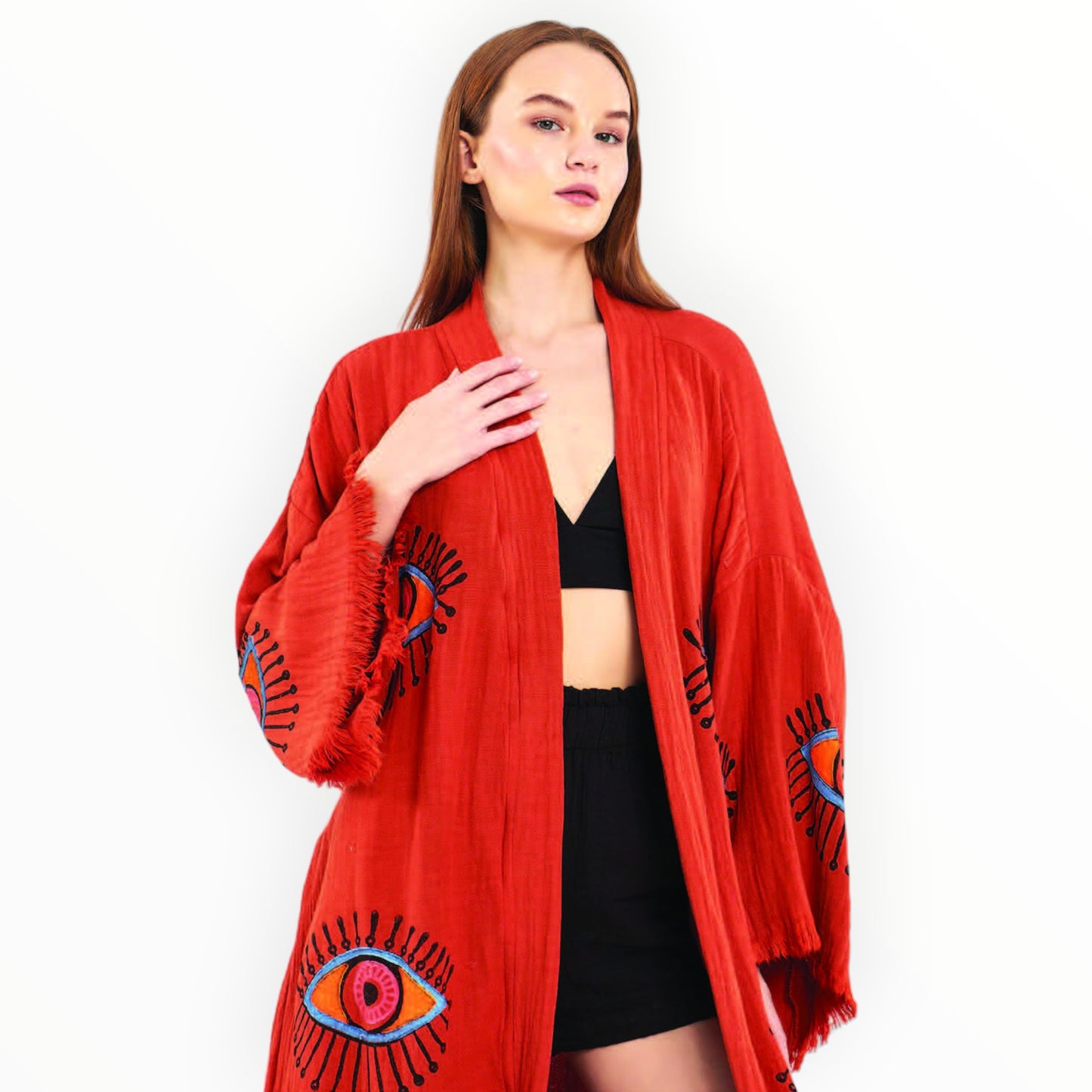 Hand-Made Block Print Evil Eye Turkish Towel Kimono Robe Kaftan