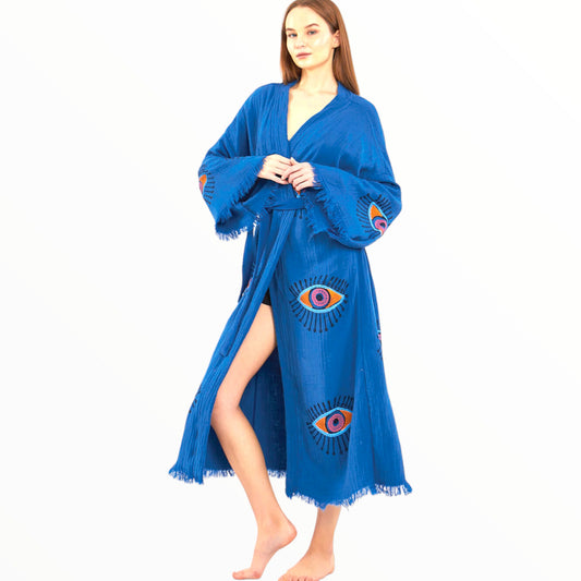 Hand-Made Block Print Evil Eye Turkish Towel Kimono Robe Kaftan
