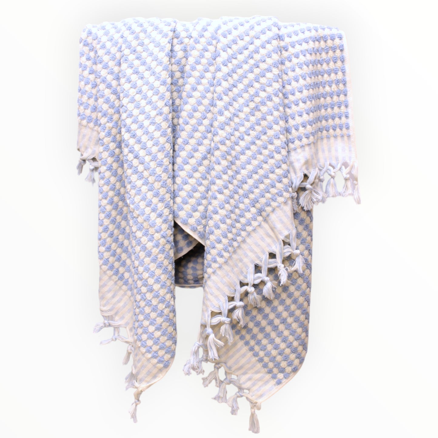 Natural Cotton Pompom Baby Blue Turkish Terry Bath Towel