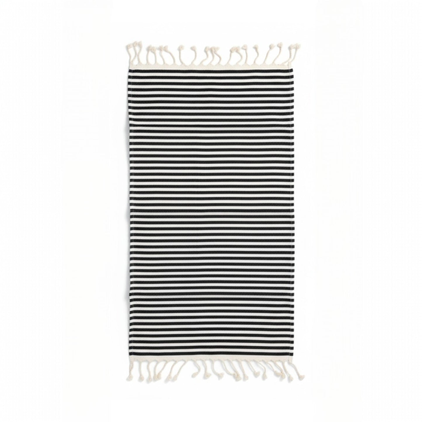 Black and white striped Natural Cotton Traditional Hand Towel with tassels on a white background